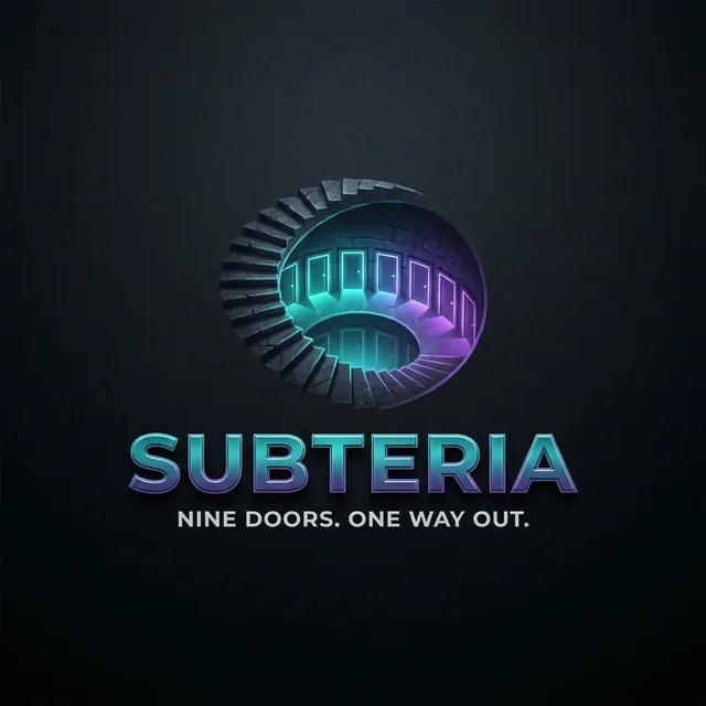 Logo Subteria : un escalier en spirale qui descend vers un cercle de portes éclairées de turquoise et de violet