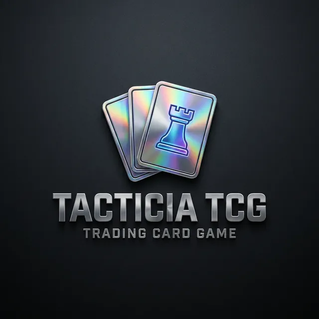Logo Tacticia TCG : cartes holographiques irisées au cadre chromé, frappées d'une tour d'échecs